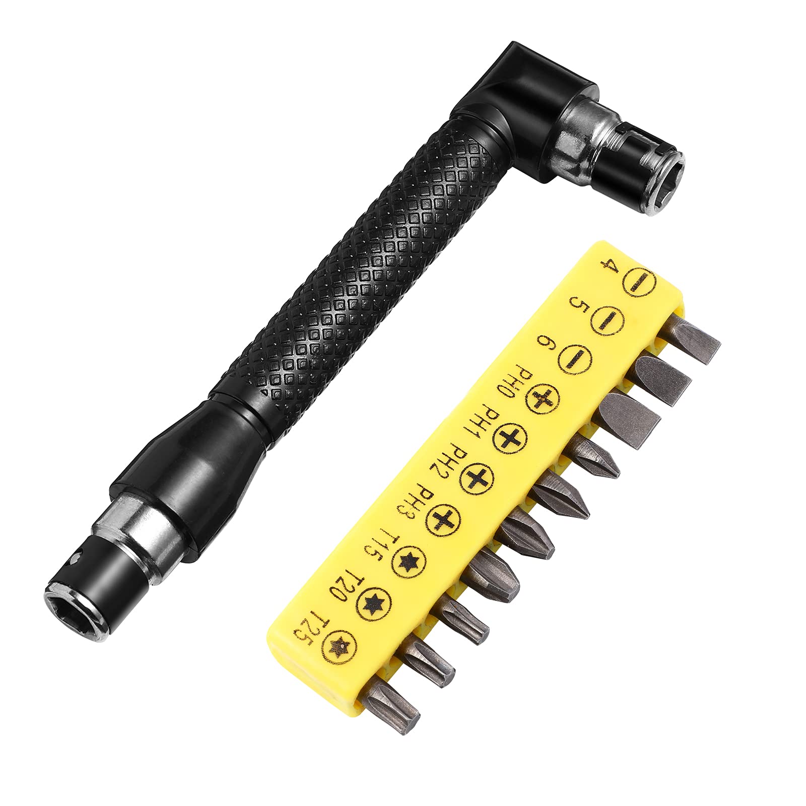 OUNONA Double-Headed L-Shaped Socket Wrench Extension Handle Screwdriver 1/4'' Shank 90 Degree Right Angle Screwdriver Adapter (+10 Bits)
