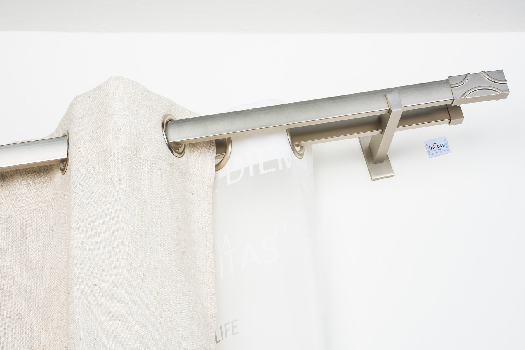 InCasa Curtain Double Pole: 31 x 12 mm Rectangular, Length 280 cm Without Rings Satin Steel Finish