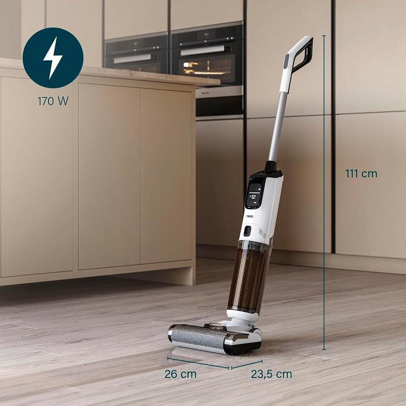 337010 AquaMotion Plus Lavapavimenti, 4 in 1 Aspira, Lava & Asciuga, Senza Fili, 50 Min Autonomia, Filtro HEPA, Autopulizia, 170W, 75dB, Display Intelligente, Base di Ricarica, Leggero