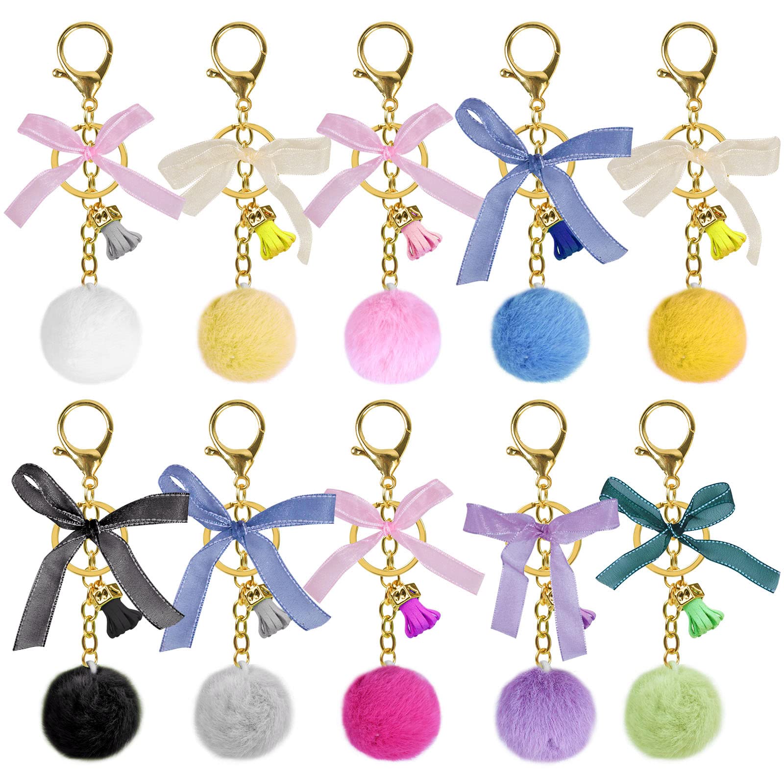 Jinlaili 10 Pieces Poms Keychains, Pom Keyhooks, Fur Pom Keychain, Poms Keyrings, Plush Poms with Tie Bow, Gifts for Girl Women Hats Shoes Bags Pendant Keychain Decoration Soft Fur Balls
