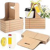Reallnaive 24 Set Teacher Appreciation Gifts 2 Cup Drink Carrier with Greeting Card Ribbon Disposable Cup Holders with Handle for Party Favors(Stripe,Brown)