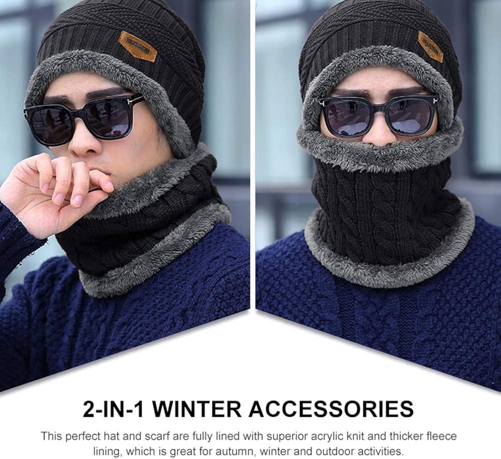 VBIGER 2-Pieces Winter Beanie Scarf Set Warm Hat Thick Knit Skull Cap for Men Women, One Size Black at  Men’s Clothing store
