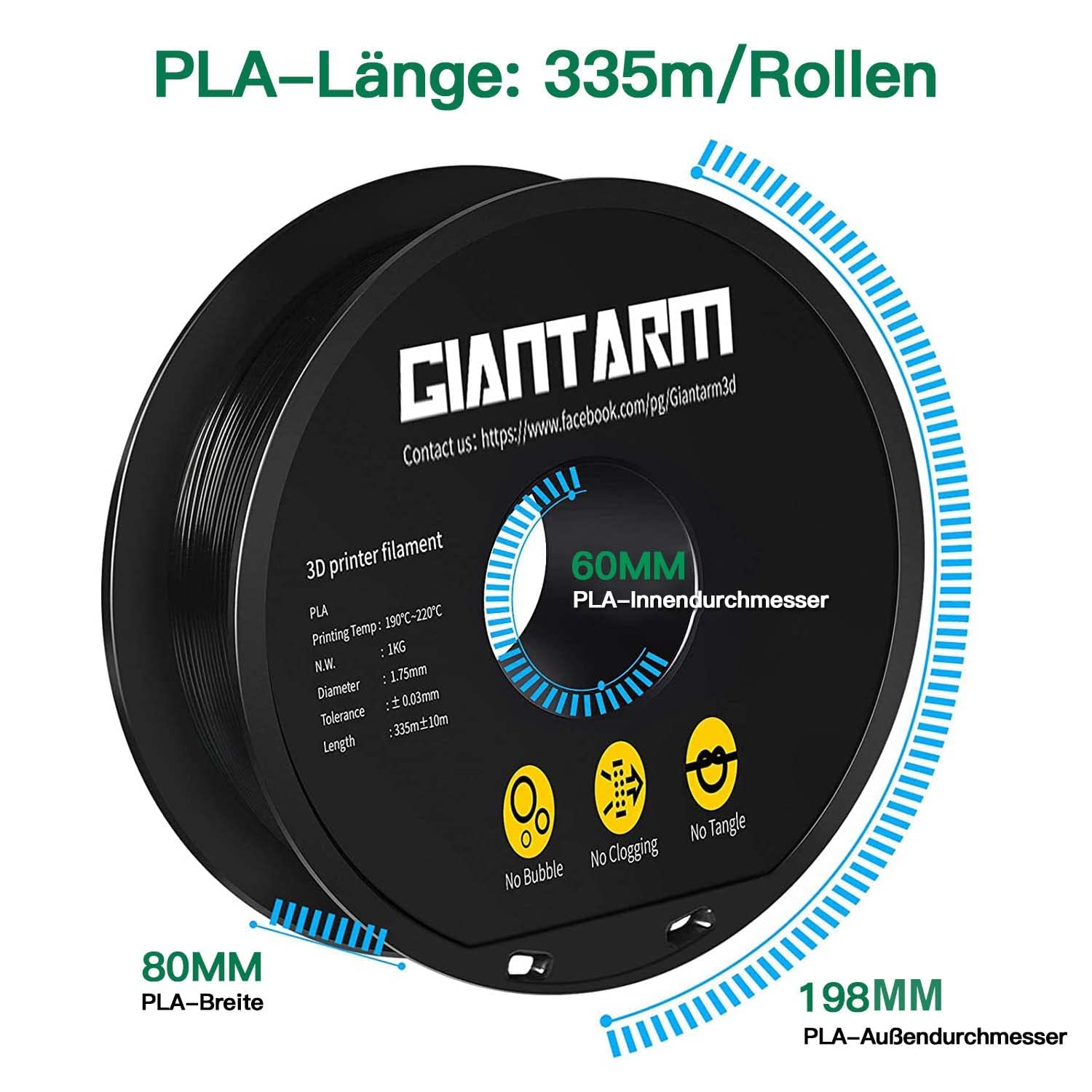 GIANTARM PLA Filament 1.75mm,3D Drucker Filament PLA 1kg,MaBgenauigkeit +/- 0,02mm,3D-Druckmaterialien,PLA Schwarz 6