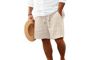 ROOMLINE Mens Linen Shorts Flat Front Casual Elastic Waist Drawstring Summer Beach Vacation Shorts with Pocket(9Inch)