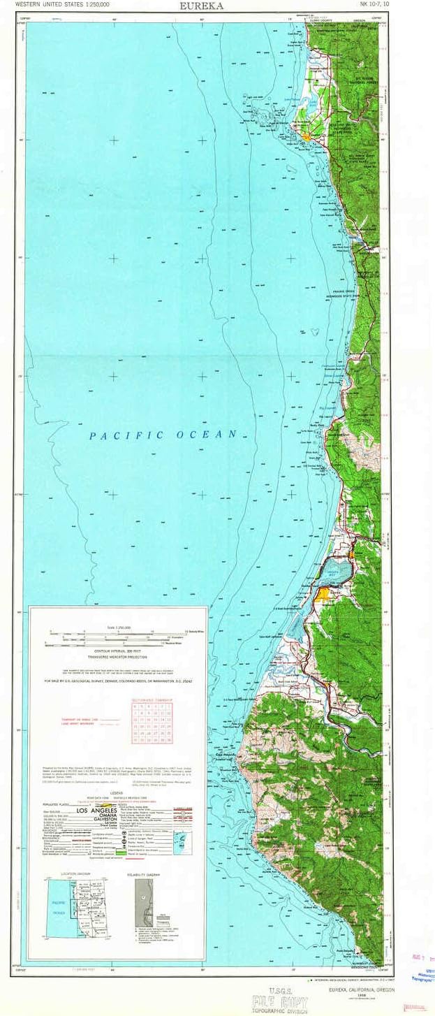 YellowMaps Eureka CA topo map, 1:250000 Scale, 2 X 1 Degree, Historical, 1958, Updated 1967, 38.8 x 17.4 in