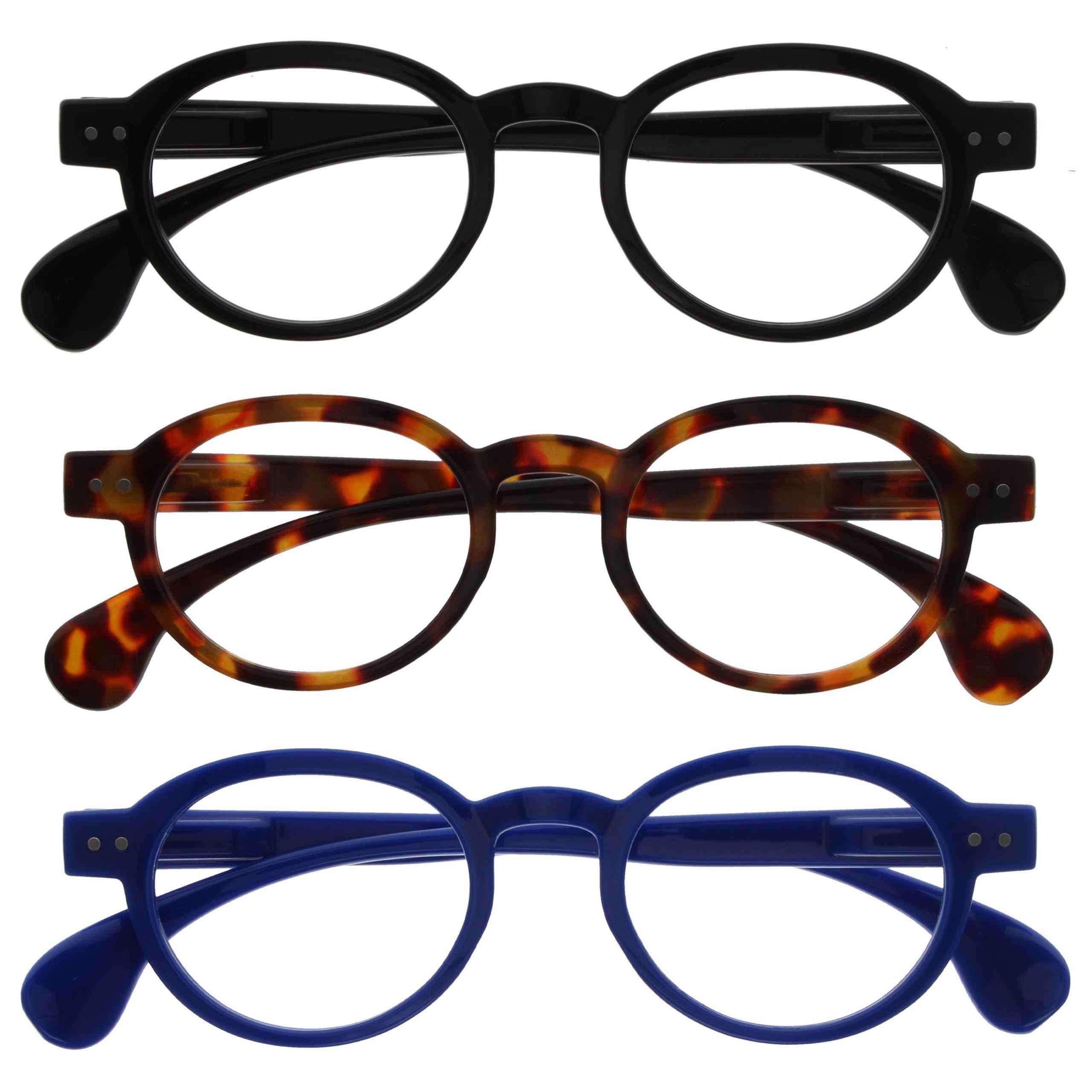 OPULIZE OCA Reading Glasses - 3-Pack - Modern Retro Round Frame - Black Brown Blue - Mens Womens - Spring Hinges - RRR54-123 - +3.50