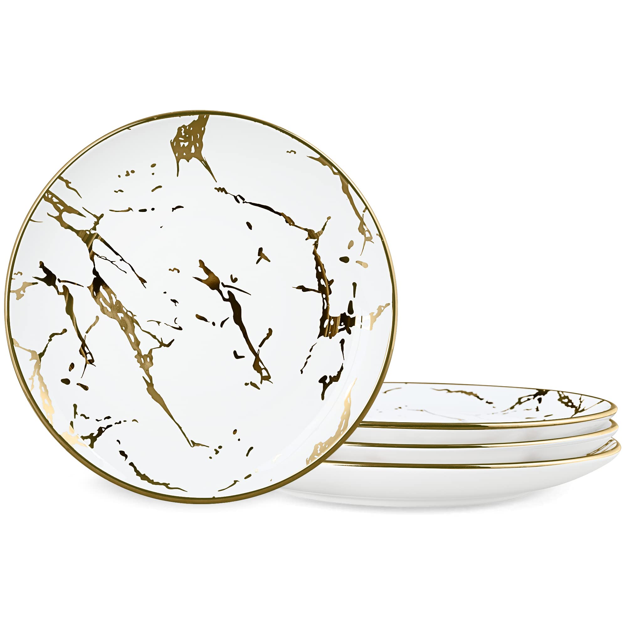 fanquare 25cm Gold Marble Dinner Plates Sets of 4, Ceramic Large Dinner Plates, White Dinner Service Set for Household, Picnic