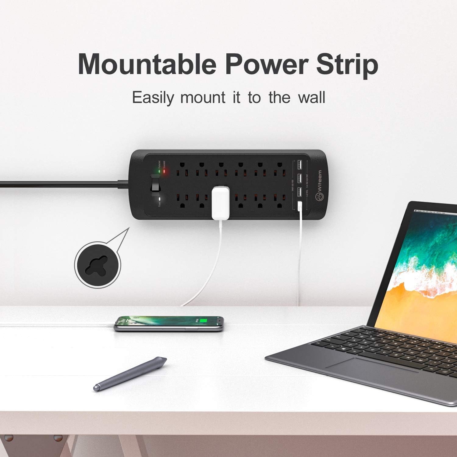 Surge Protector with USB (4360 Joules), Witeem 12 Outlets Power Strip and 4 Smart USB Charging Ports (5V/3.4A), Flat Plug, 1875W/15A, 6 Feet Heavy Duty Extension Cord, ETL Listed, Black: Home Audio & Theater