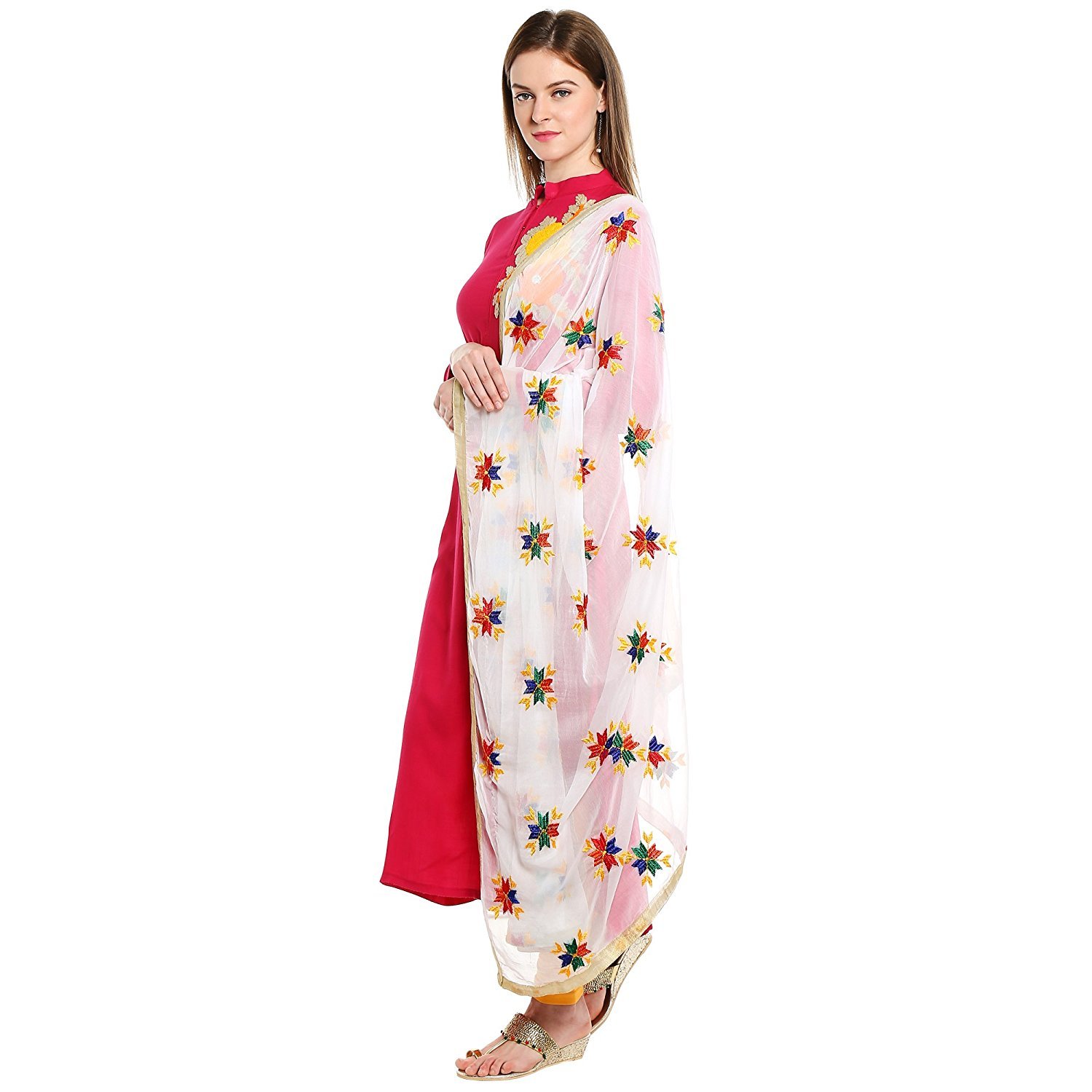 fabreca women's chiffon phulkari dupatta (white)