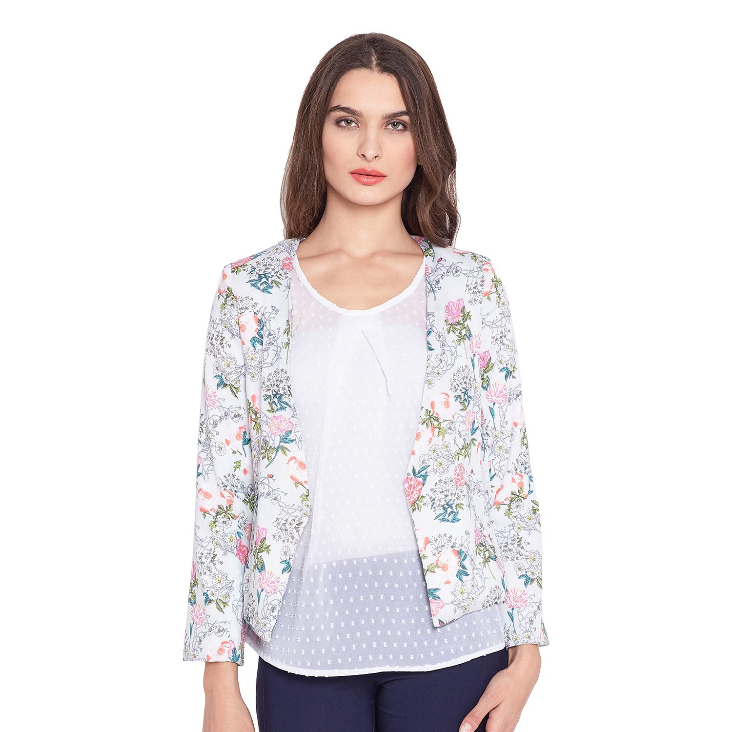 purplicious grey small size cotton floral print front open women blazer