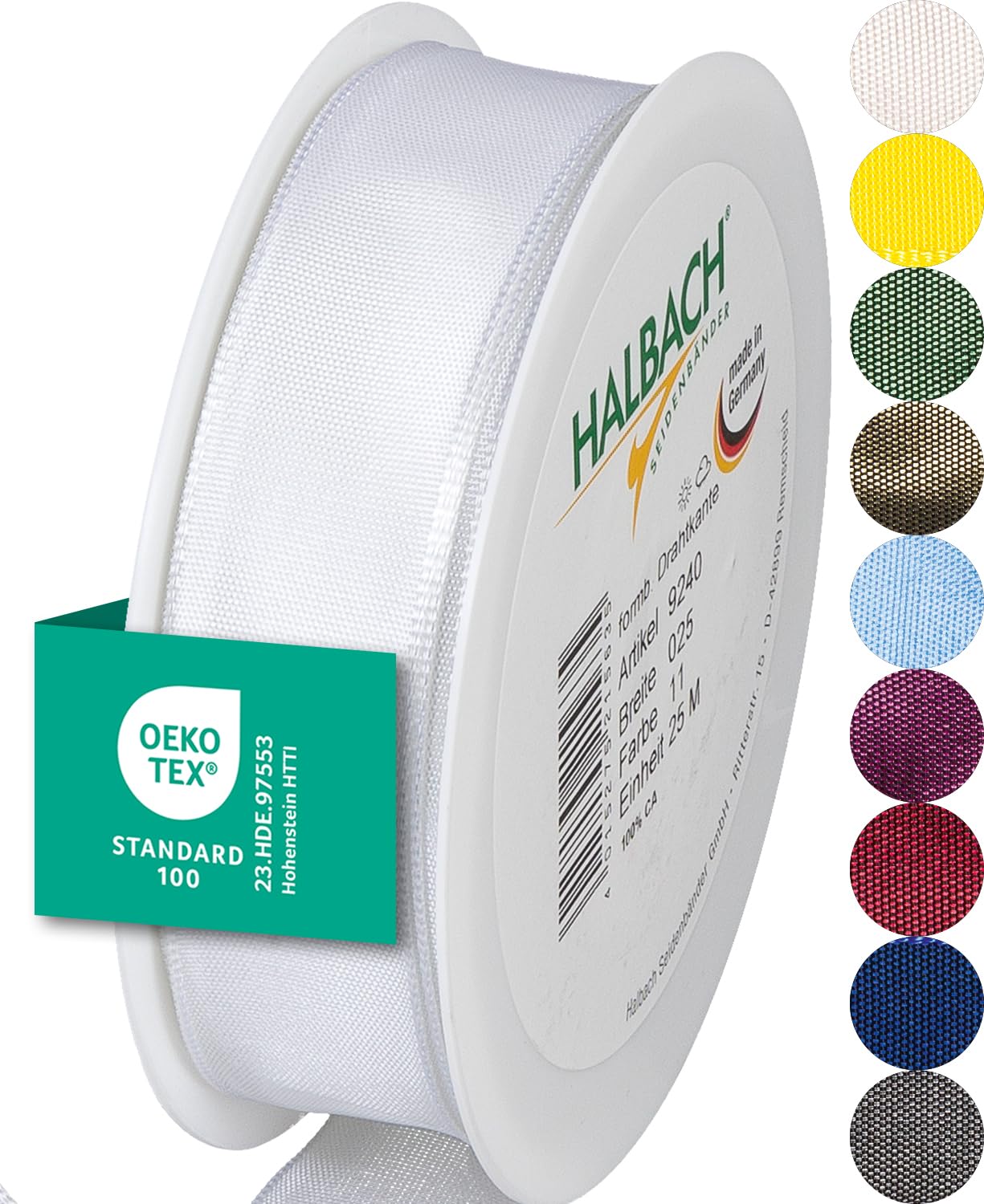 Halbach Seidenbänder Premium Gift Ribbon with Wired Edge, Width 25 mm, Length 25 m, Oeko-Tex 100 Certified, Made in Germany, Colour: White — image 1
