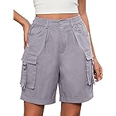 Gleeneat Bermuda Shorts for Women Cargo Cotton Shorts High Waist Knee Length 6 Pockets 2025 Summer Casual