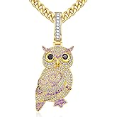VIVDEC Iced Out Owl Pendant Necklace for Men - Hip Hop Streetwear Jewelry,18K Gold Plated 24in Cuban Link Chain Necklace, with Gift Box