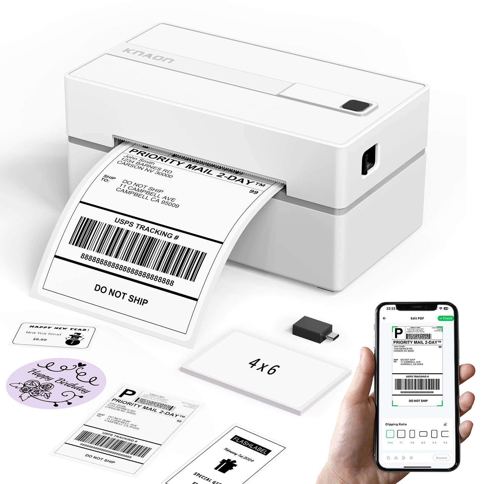 KNAON Bluetooth Thermal Shipping Label Printer, 4x6 Portable Thermal Address Label Printer for Small Business, Compatible with iPhone,Android,Windows,Mac–Works with Ebay Shopify USPS&More, White