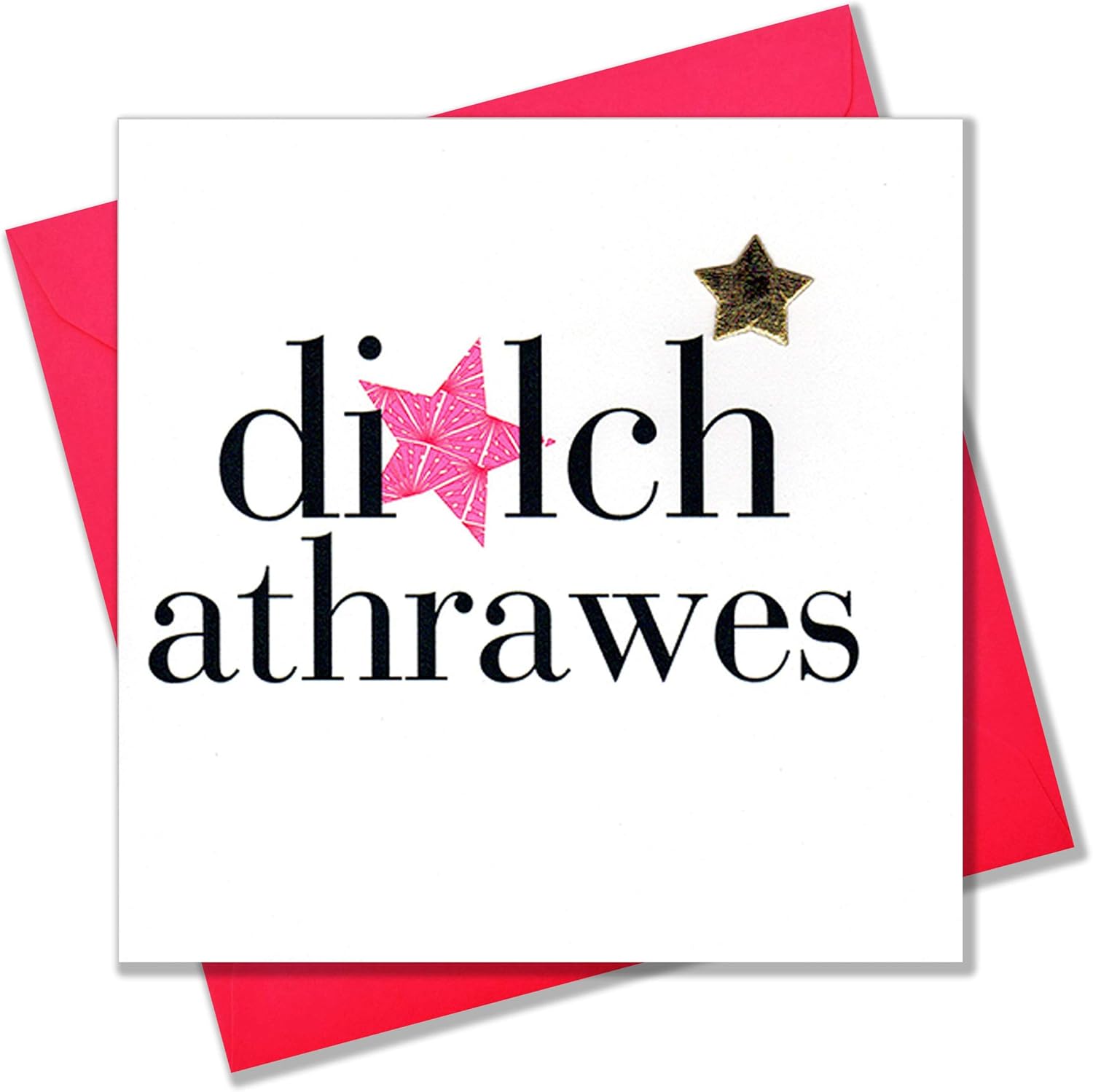 Claire Giles Greeting Cards, Welsh Thank You Teacher Card, Diolch Athrawes, Pink Star Design Thank You Female Teacher