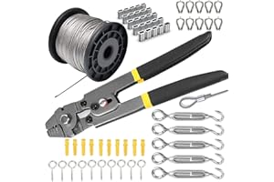 AOOCY Stainless Steel Wire Rope Kit, with Crimping Tool, 100ft Vinyl Coated Aircraft Cable (1/16 Inch Overmolded to 5/64 Inch), 55Pcs Turnbuckle, Loops, Ferrule and Hooks (Gray)