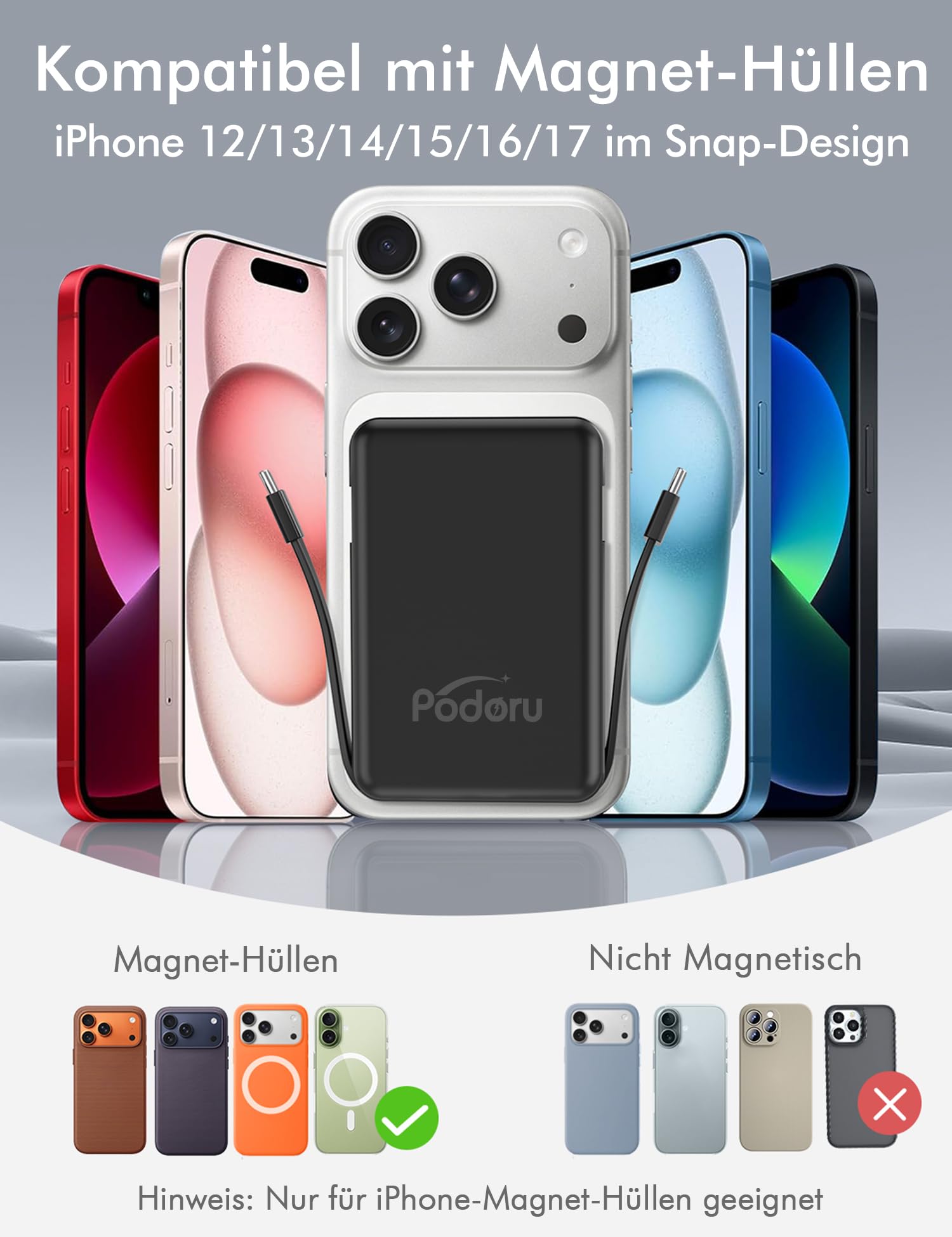 Podoru for Magsafe Powerbank, 10000mAh Magnetische Wireless Power Bank mit USB-C Kabel PD 20W Schnellladen mit LED Display, Kabellos Akkupack für iPhone 17/16/15/14/13/12 Alle Serien (Schwarz) 3