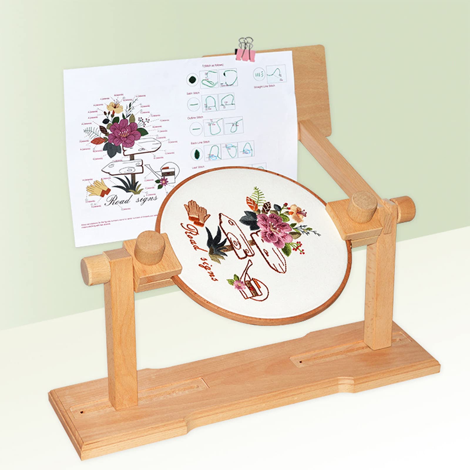 RoseFlower Adjustable Rotated Embroidery Hoop Stand, Cross Stitch Stand Lap, Natural Beech Wood Embroidery Hoop Holder, Easy Operation Hands Free Embroidery Frame Stand for Art Craft Sewing
