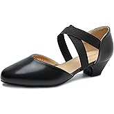 Women's Low Chunky Heel Pumps Elastic Crisscross Strap Pull On Dress Dance Shoes