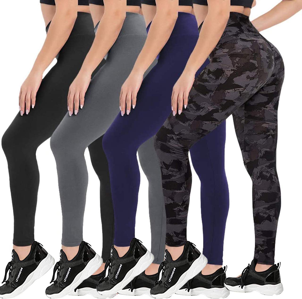 CAMPSNAIL 4 Pack High Waisted Leggings for Women- Soft Tummy Control Slimming Yoga Pants for Workout Running Reg & Plus Size