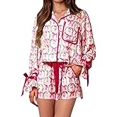 Yiulangde Womens Bow Tie Pajamas Shorts Holiday Pjs Set Long Sleeve Button Up Shirt Ruffle Shorts 2 Piece Sleepwear Jammies