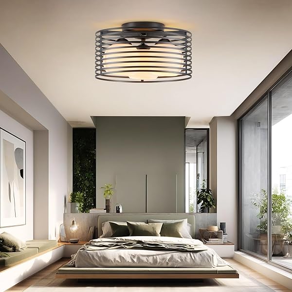 MODERN INDUSTRIAL SEMI FLUSH MOUNT CEILING LIGHT, 3-LIGHT BLACK FARMHOUSE CEILING LIGHT FIXTURE WITH GLASS SHADE, HALLWAY LIGHTING FIXTURE FOR KITCHEN, BEDROOM, BATHROOM, FOYER, LAUNDRY ROOM 12.79IN