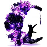 WGXIA Halloween Wreath Decor Cat Moon for Front Door Wall with Lights 12In | Gothic Cat Moon Design Easy to Hang on Door Wall or Fenc Front Porch Mantel or Window battery operated cordless design