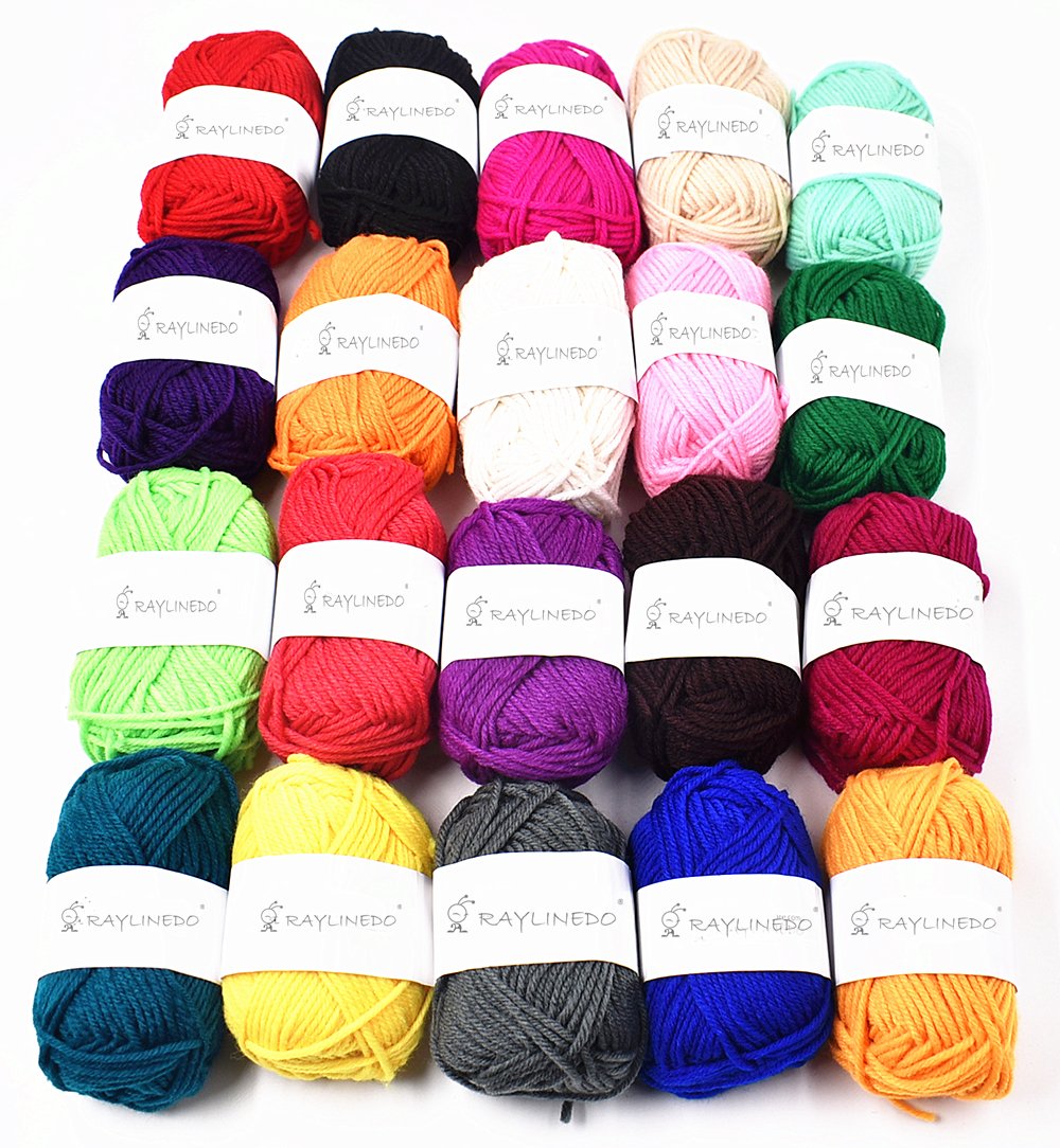 RayLineDo® Pack 20 x 25g Ball Assorted Colors 100% Acrylic Knitting Yarn Crochet Crafts Total of 900m Colourful Yarn with 3 Crochets