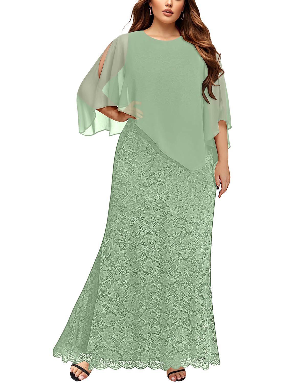 Photo 1 of Formal Dress Women Wedding Guest Plus Size Sage Green Mother of Bride Groom Lace Long Bridesmaid Evening Cape Prom Gowns