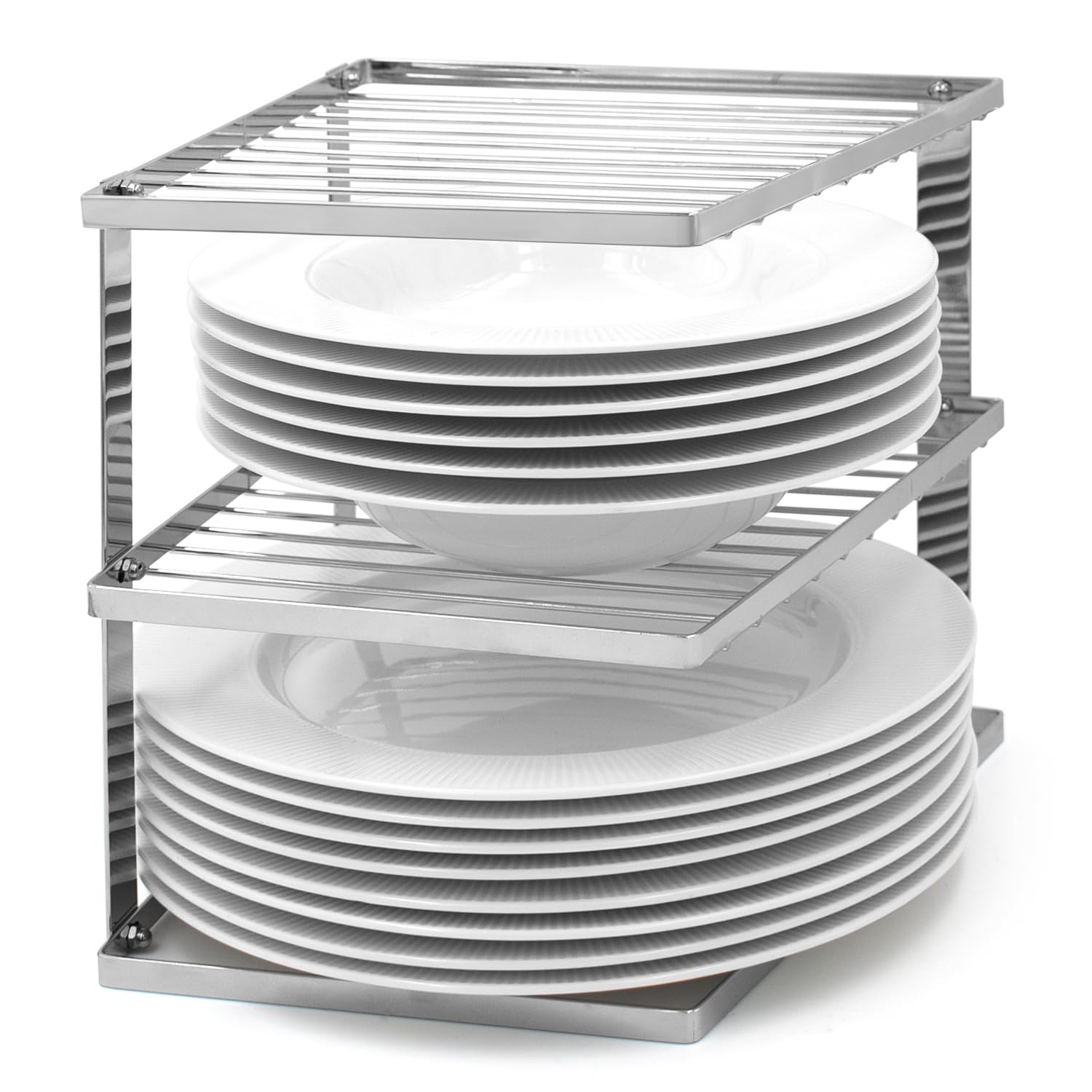 joeji's Kitchen 3 Tier No-Wobble Plate Rack for Kitchen Cupboard Storage - Corner Plate Rack Cupboard Shelf Organiser 25x25x19cm - Silver
