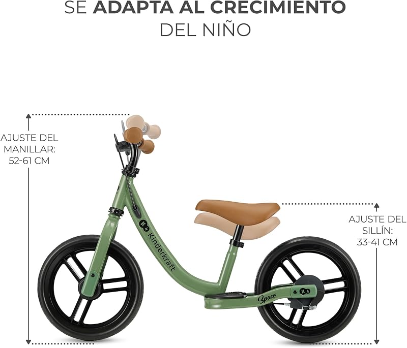 Espaço 2 Bicicleta Sem Pedais, Bicicleta de Rapaz de 2 anos, Bicicleta de 2 Rodas, Sela Ajustável, com travão, Leve, 3,6 kg, Rodas com 28 cm de diâmetro, 35 kg, Verde