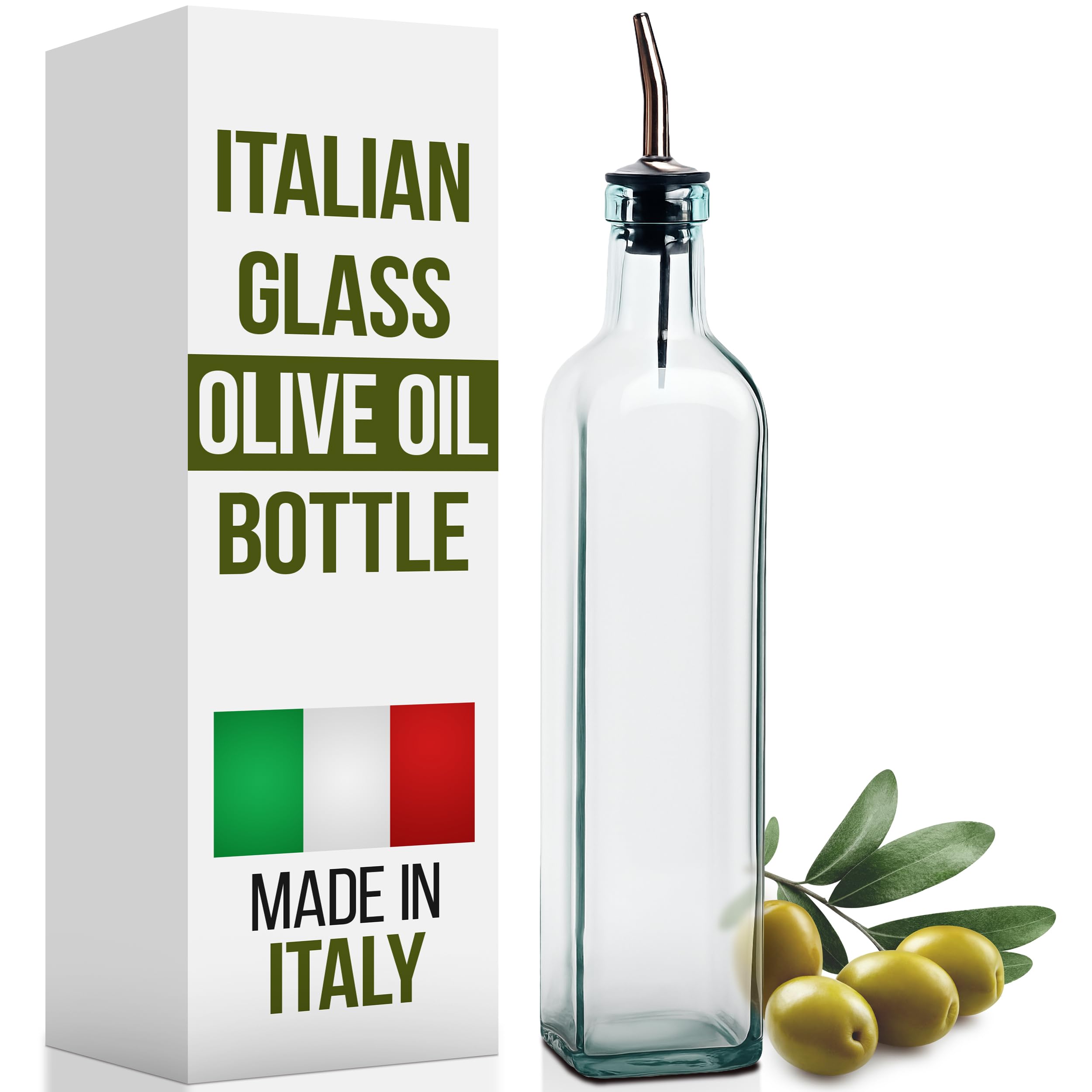 Photo 1 of EHOMEA2Z Italian Glass Olive Oil Dispenser Bottle - 16 Oz, Oil and Vinegar Cruet with Stainless Steel Spout for Kitchen, Slight Green Tint (1, 473ml)