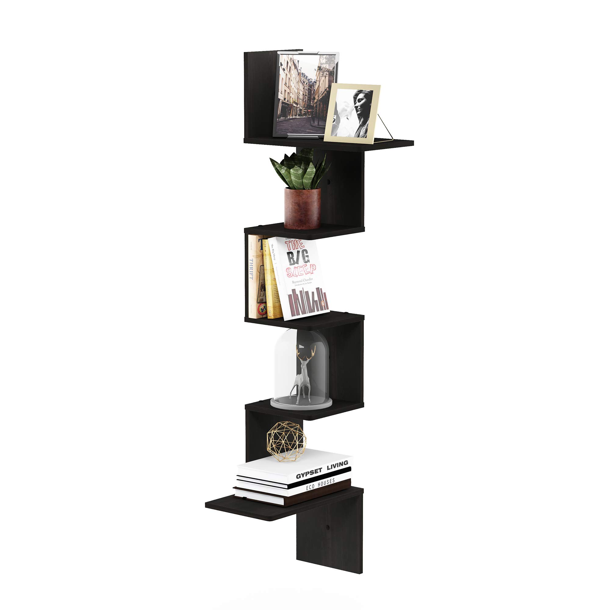 Furinno ROSSI Corner Floating Shelves for Wall, 5-Tier Corner Square Wall Shelf, Radial Wall Mounted Book Shelf, for Bathroom, Bedroom, Living Room, Espresso