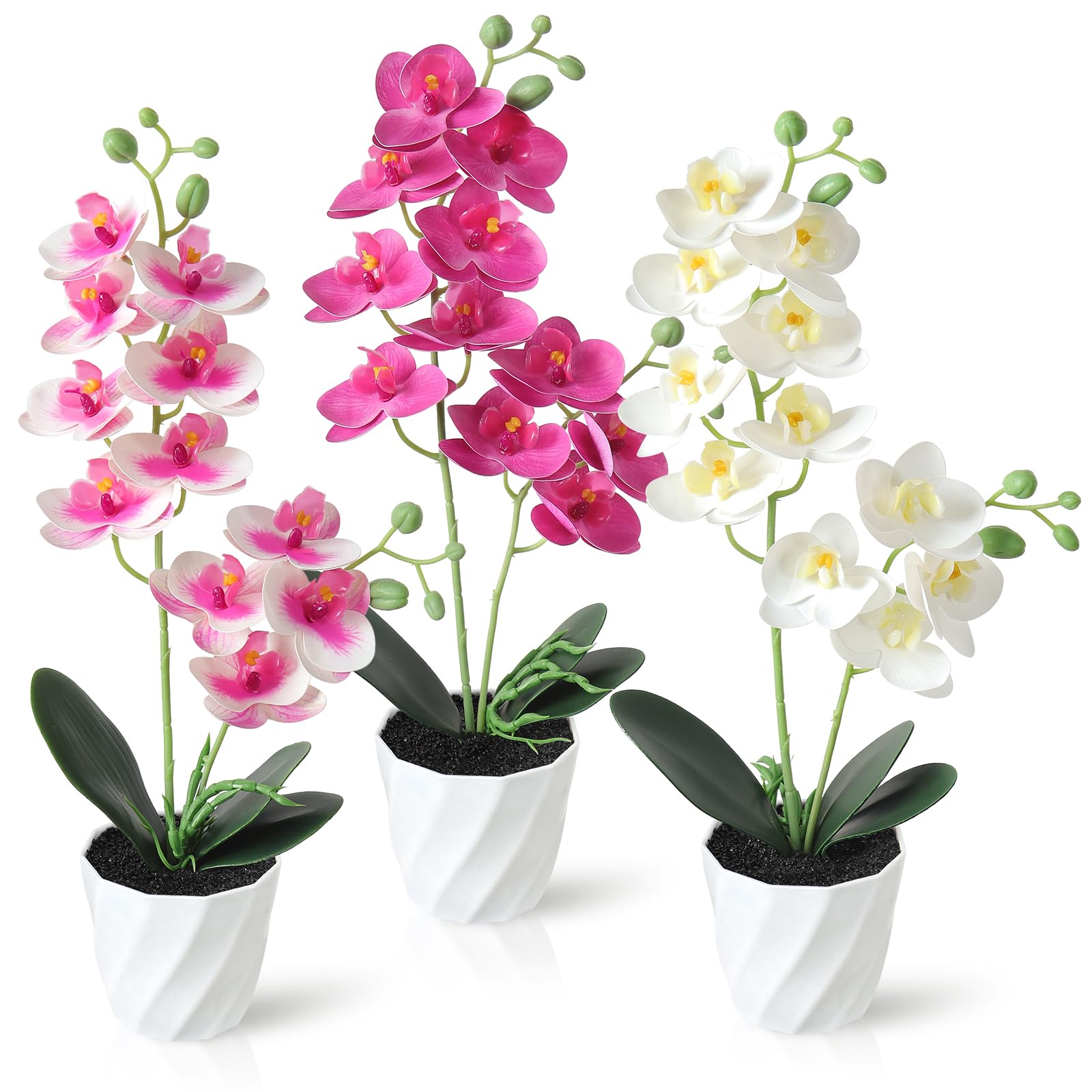 Dremisland 3PCS Artificial Orchid Flower Bonsai 38cm Faux Potted Butterfly Orchid in White Pots Phalaenopsis Fake Silk Flower Plants Foliage Indoor Decor for Home Table Centrepiece Living Room
