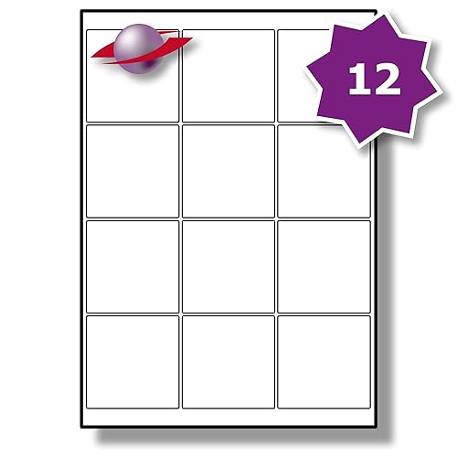 12 Per Page/Sheet, 5 Sheets (60 Sticky SQUARE Labels), Label Planet® White Blank Matt Self ...