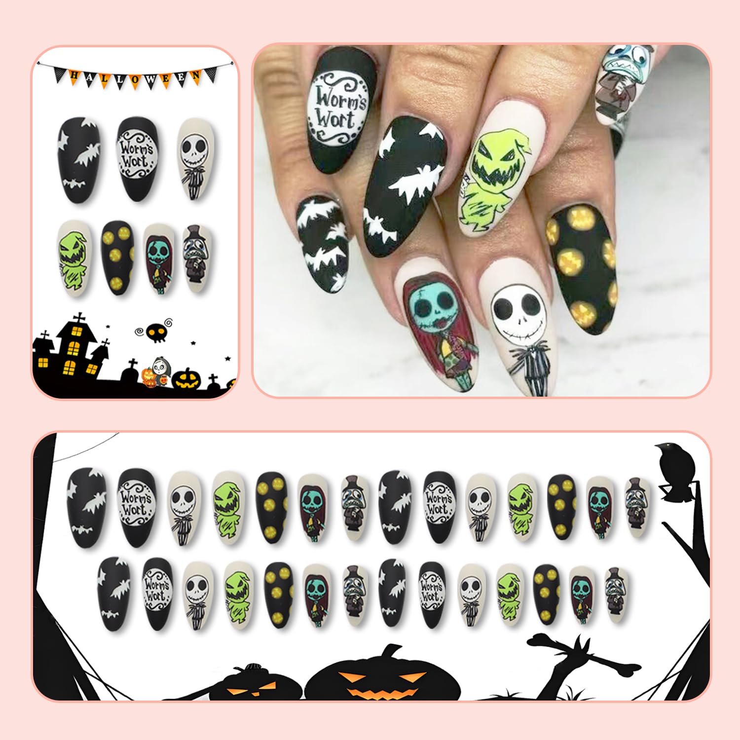 Halloween Press on Nails Almond Medium Length Fake Nails Matte False Nails with Skull Pumpkin Bats Designs Scary Nightmare Before Christmas Nails Full Cover Acrylic Glue on Nails for Women Manicure - Image 4