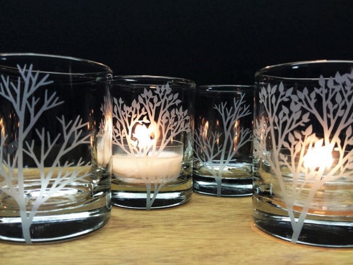 Forest Branches Candle Holders Set Of 4 Engraved Glass