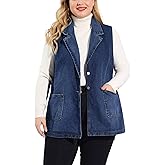 Agnes Orinda Plus Size Denim Vests for Women Dressy Sleeveless Lapel Casual Long Jean Jackets Tunic Vest