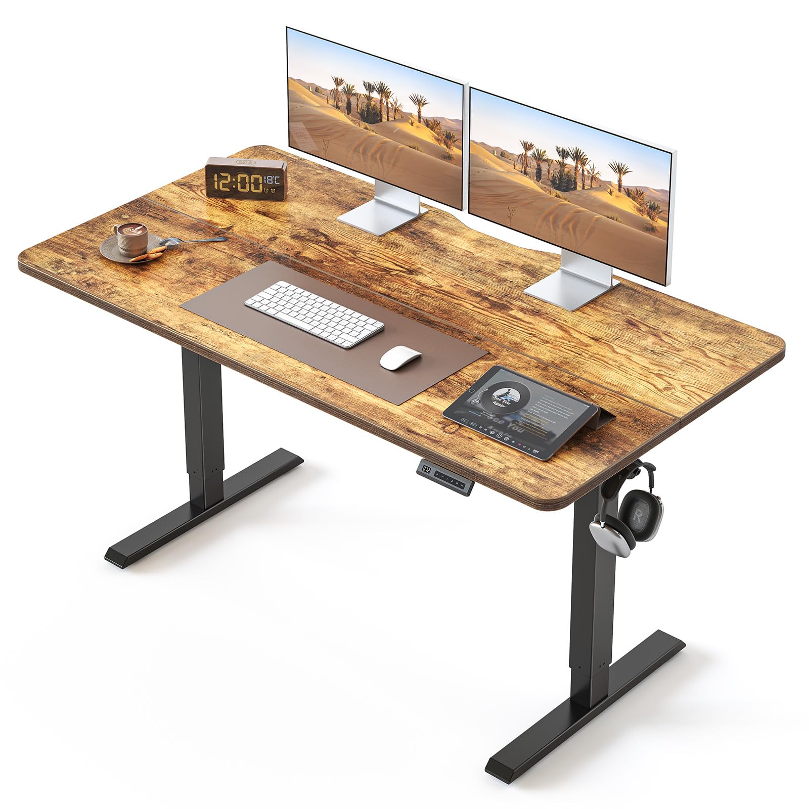 BANTI 55 × 24 Inches Standing Desk, Ergonomic, Electric Height Adjustable, Sit and Stand Up, Computer Office Desk with Splice Board, Black Frame/Rustic Brown Top Image