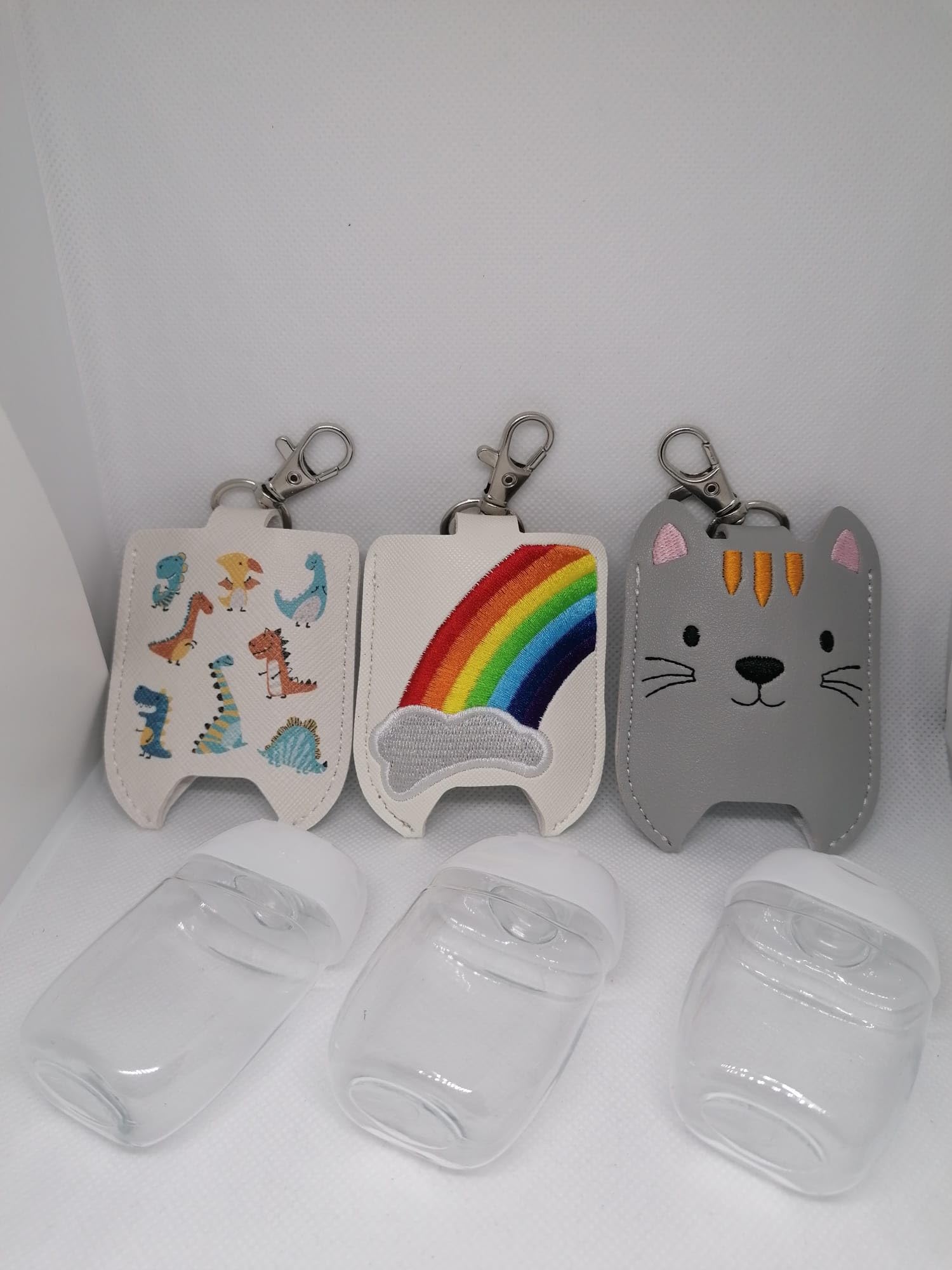 DINOSAUR Hand Gel Holder/Gift/Keyring/Stocking Filler/Lunchbox/Lanyard/Travel Container + 30ml Refill Bottle