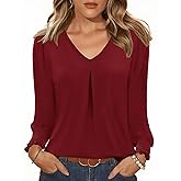 AKEWEI Women's Blouse V Neck Long Sleeve Tops 2026 Spring Loose Dressy Casual Shirts