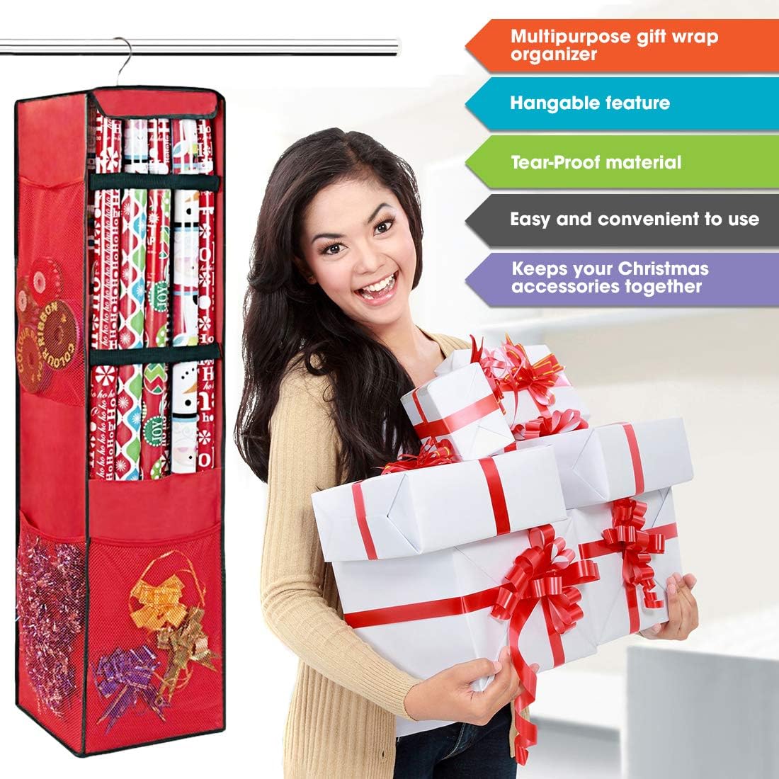 ProPik Hanging Gift Wrap Organizer, Wrapping Paper Storage Bag, Swivel Hanger 360 Degree Multiple Pockets & Loops, Holds Up to 25 Rolls 40 Inch, Space for Ribbons Bows Gift Wrap Folds Flat (Red): Home & Kitchen