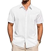 Lusead Linen Shirts for Men Short Sleeve Button Down Casual Shirt Cotton Beach Summer Collared Top with Pocket
