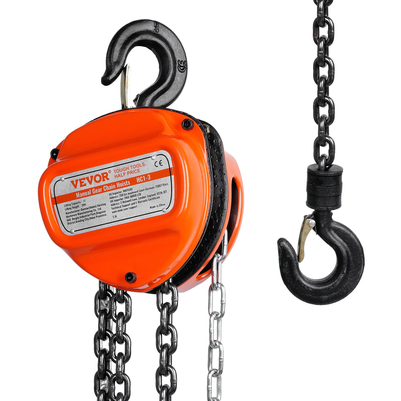 Photo 1 of **DIRT**VEVOR Hand Chain Hoist, 1 Ton 2200 lbs Capacity 20 FT Come Along, G80 Galvanized Carbon Steel with Double-Pawl Brake, Auto Chain Leading & 360° Rotation Hook, for Garage Factory Dock