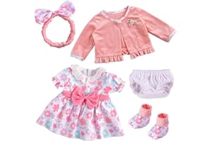 BABESIDE 5-Piece Reborn Baby Doll Clothes Set Fits 17-22 Inch Dolls with Floral Dress, Headband, Coat, Baby Doll Reusable Diaper and Socks, for Girls Ages 3+