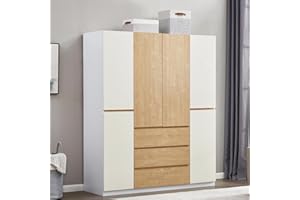 Sophshelter Armoire Wardrobe Closet 4 Door: Wooden 3 Drawers White Closet Large Storage Cabinet for Large Capacity with 5 Hanging Rod for Tall Cabinet Closet White 63" L x 20.3" W x 74.2" H