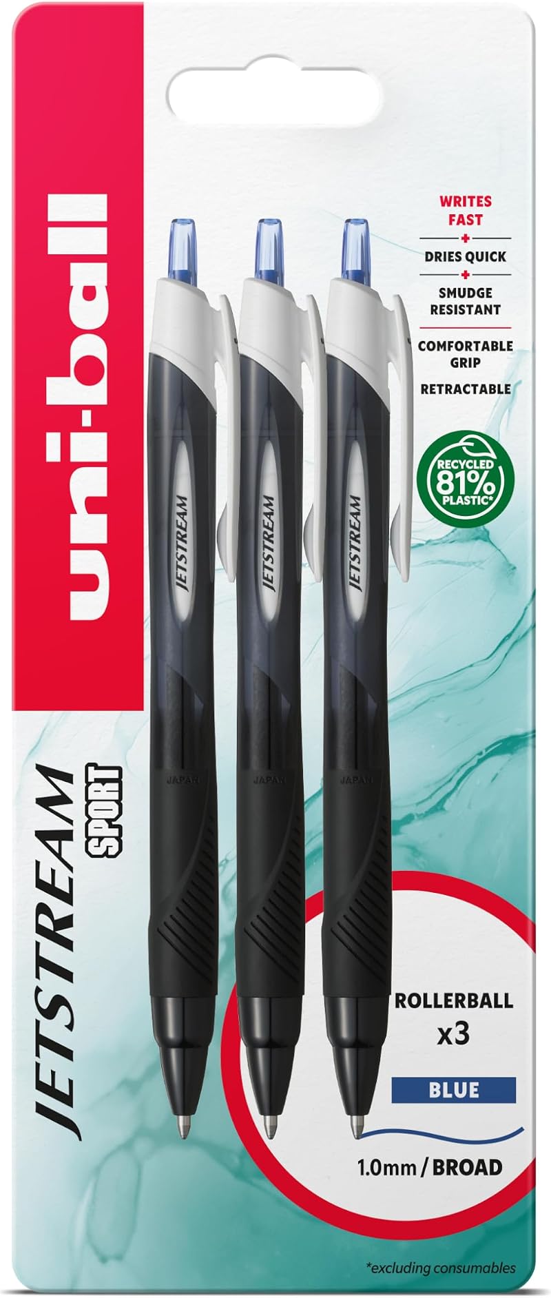 uni-ball Jetstream Sport SXN-150S Ballpoint Gel Pens Pack of 3 1.0mm Blue