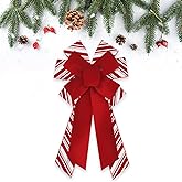 Estivaux Large Christmas Bows for Wreath, Merry Christmas Wreath Bows White Red Stripes Burlap Bow Winter Holiday Craft Ribbon Bow Xmas Tree Bows for Front Door Christmas New Year Decorations