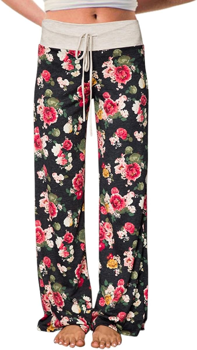 AMiERY Women's Comfy Casual Pajama Pants Floral Print Drawstring Palazzo Lounge Pants Wide Leg
