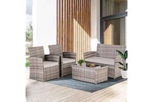 FHFO 4 Piece Outdoor Patio Furniture Sets, Wicker Sectional Conversation Sofa Set, Rattan Table and Chairs and Loveseat with Cushions for Outside Balcony Porch Backyard (Gray-Gray)